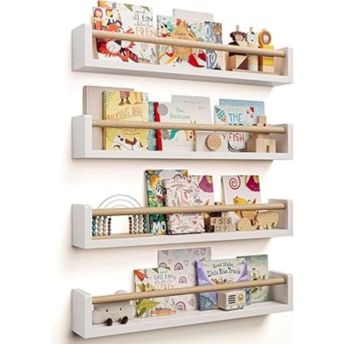Nursery Book Shelves - 4 Pack, Wall Book Shelves for Bedroom Kids, Kids Wall Book Shelf, Book Shelf for Kid Rooms, Toddler, Baby, Play Room, Nursery Decor