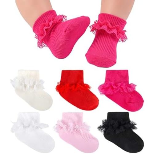 Baby Girl Ruffle Socks Non Slip Grips Cute Cotton Lace Ankle Pageant Dress Socks Newborn Infant Preemie 0-3 Months