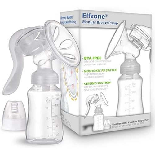 Elfzone Manual Breast Pump - Adjustable Suction Silicone Hand Pump Breastfeeding, Small Portable Manual Breast Milk Catcher Baby Feeding Pumps & Accessories, White, Mother’s Day Gifts