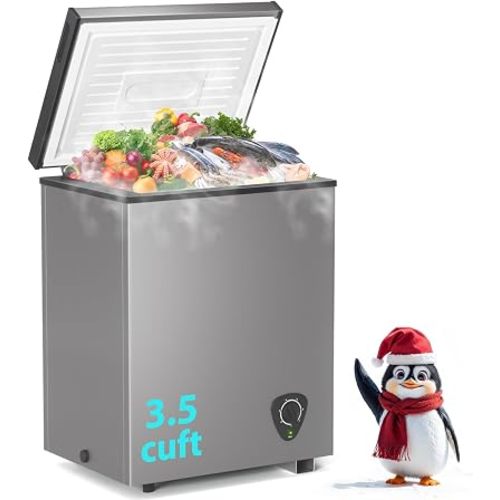 Chest Freezer, 3.5 Cubic Feet Small Deep Freezer Compact Top Open Door with Removable Basket, 7 Temperature Control Energy Saving Super Quiet for Kitchen Office Apartment Garage, Grey