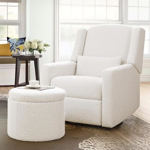 Power Recliner Chair Swivel Glider, Large Nursery Glider with Ottoman & USB Charging Port, Boucle Upholstered Rocker Glider Recliner for Nursery,Living Room,Cream