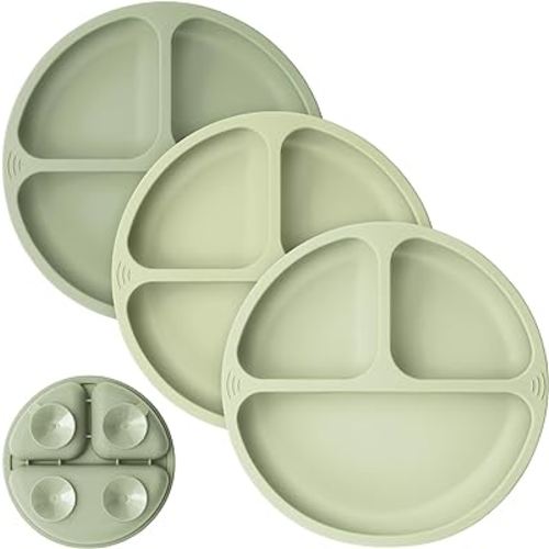 KeaBabies Suction Plates for Baby, Toddler - 3-Pack 100% Silicone Toddler Plates, Divided Baby Plates with Suction, Silicone Plates for Baby, Kids, BPA-Free, Microwave,Dishwasher Safe (Sage)