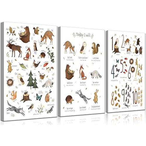 VOIKRTJX Alphabet Numbers Wall Art Nursery Animal Alphabet Canvas Wall Decor Forest Animal ABC Educational Painting Kids Playroom Prints Positive Quotes Painting for Boys Girls Classroom 16x24