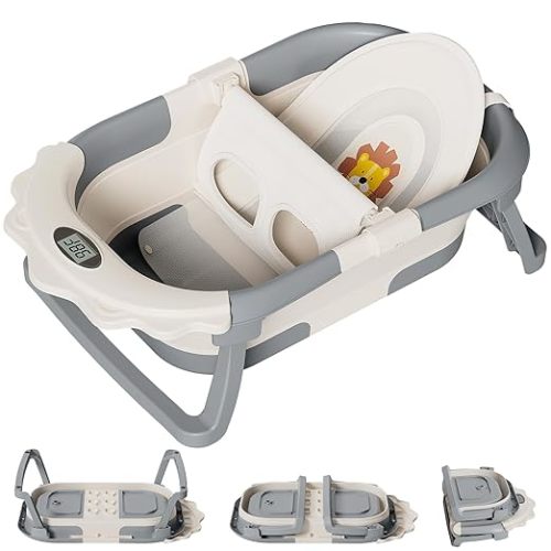 TPN 4-in-1 Grow-with-Me Collapsible Baby Bathtub, Baby Tub for Newborns to Toddler with Soft Floating Cushion & Thermometer, Portable Baby Bath Tub, Infant Bathtub for Bath Support in Tub,Grey