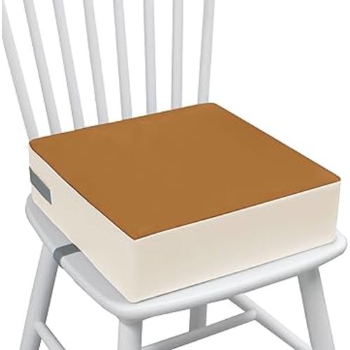 Toddler Booster Seat for Dining Table & Kitchen Chair – Non-Slip PU Cushion with Adjustable Safety Straps, Easy to Clean, Portable Chair Booster Pad for Kids (Brown+White)