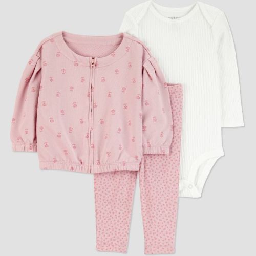 Carter's Just One You® Baby Girls' 3pc Floral Zip-Up Sweatshirt with Bodysuit and Leggings Set - Pink 6M