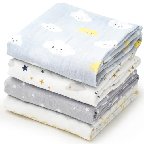 david's kids 4 Pack Baby Muslin Swaddle Blankets, 100% Cotton and Ultra Soft Breathable Receiving Blanket Wrap for Boys Girls, New Born Essentials, Large 47 x 47 inches, Clouds