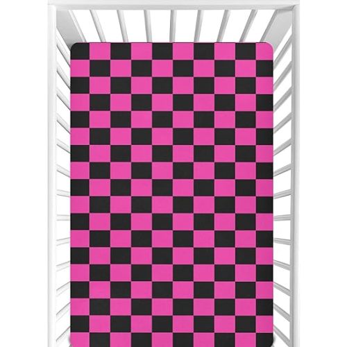 CaTaKu Mini Crib Sheets Fitted for Girls Boys, Pink Black Checkered Baby Crib Sheets Neutral Mattress Sheets Nursery Toddler Bed Sheets 28"x 52"