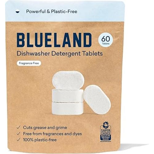 BLUELAND Dishwasher Detergent Tablets, 60 Count, Unscented 100% Plastic-Free Eco Friendly Dishwashing Pods, Natural, Sustainable