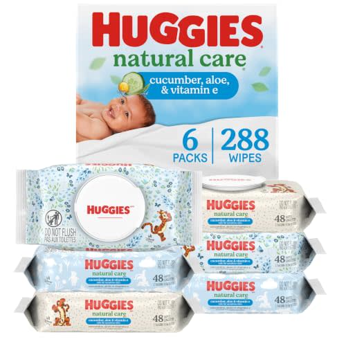 Huggies Natural Care Cucumber, Aloe and Vitamin E Baby Wipes, Hypoallergenic, Scented, 6 Flip-Top Packs (288 Wipes Total), Packaging May Vary
