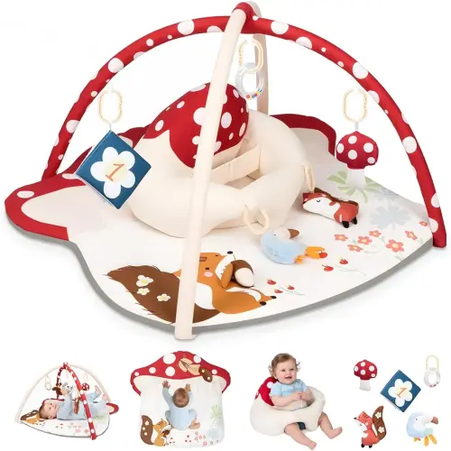Baby Play Mat & Baby Seats for Infants for Sitting Up | Tummy Time Gym Activity Mat with 5 Detachable Toys for Stage-Based Sensory | Babies Essentials Gift for Newborn 0-6-12-18 Months (Red)