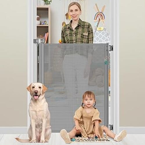 42 Inch Extra Tall Baby Gate 0"-39" Wide Narrow Baby Gate for Doorways Extra Tall Retractable Pet Gates for Dogs Mesh Dog Gates for Stairs Child Safety Gate for The House, Gray