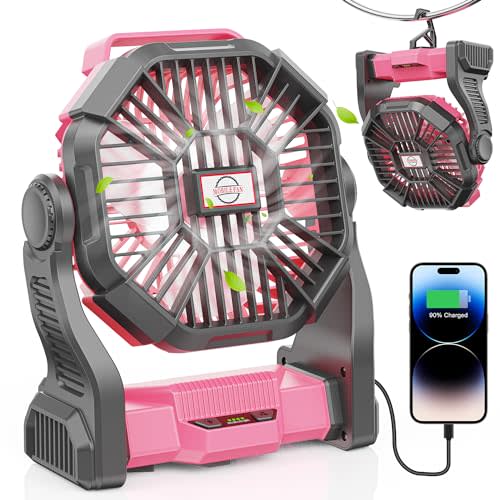 20000mAh Portable Battery Powered Camping Fan - with LED Light, Quiet Battery Operated, Camping Gear for Travel, Tent, Beach, Car or Hurricane Power Outages, Pink