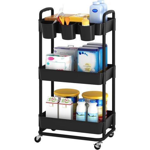 Baby Diaper Caddy, Locking Rolling Cart, Black