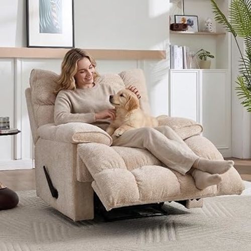 Oversized Swivel Rocker Recliner,Recliner Chairs for Adults,Extra Wide Manual Recliners Clearance,Upholstered Nursery Reclining Glider Chair,Swivel Chairs for Living Room, Beige