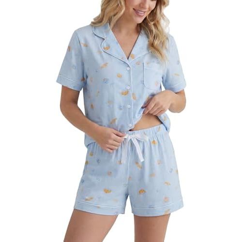 LUBOT 100% Cotton Pajamas for Women 2 Piece PJ Set Button-Down Soft Knit Short Sleeve Summer Sleepwear Loungewear XS-XXL
