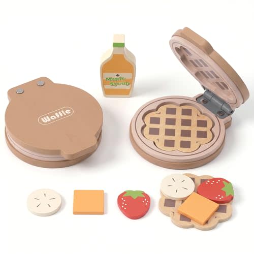 WOODENFUN Wooden Pretend Play Toy Waffle Maker Play Kitchen Accessories | Montessori Breakfast Play Food Set Birthday Gifts for 2 3 4 Years Old Toddlers Boys Girls