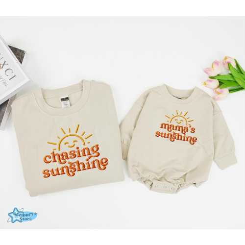 Embroidered Chasing Sunshine And Mama's Sunshine Matching Shirt, Mommy and Me Matching Sweater, New Mom Holiday Gift, Mama And Baby Outfit.