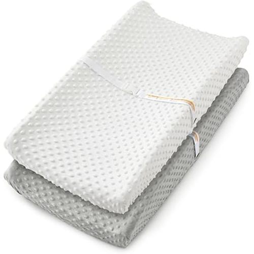Homiest 2 Pack Changing Pad Cover, White + Light Gray Changing Table Sheets, Ultra Soft Fleece Minky Dot Fabric, Breathable Comfortable Diaper Pad Cover for Girls and Boys, Machine Washable