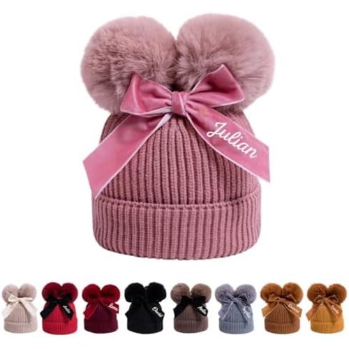 Custom Baby Winter Beanie Hat with Bow, Double Pom Pom Beanies Cap, Customized Warm Toddler Boys Girls Knit Hats