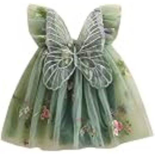 Little Girls Embroidery Flower Tulle Mesh Butterfly Dress with Wings | A-line Flutter Sleeve Pleated Mesh Tulle Dress Holiday Party Princess Birthday Fairy Dress for Toddler Little Girl 1-6Years