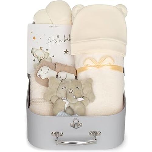 Elephany Baby Shower Gifts – Gender-Neutral Baby Gift Basket for Newborn Girls and Boys – Newborn Baby Essentials Gift Basket with Blanket, Towel, Rattle Toy, Socks – Cute Newborn Baby Gifts