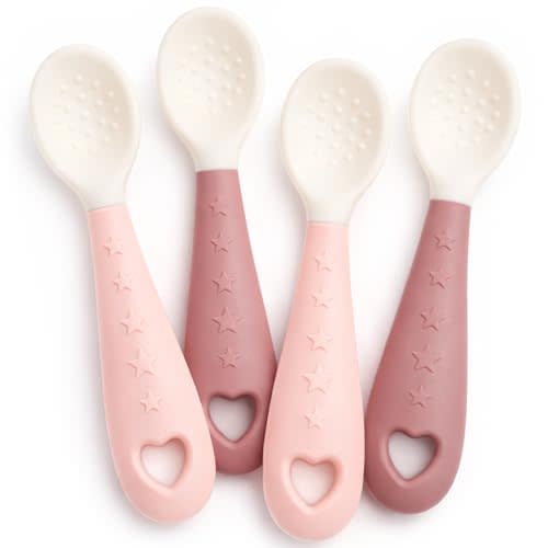 4-Pack Silicone Baby Spoons, Seposeve Soft Gum-Friendly First Feeding Spoons for Babies, Baby Feeding Utensils Essentials, Easy-Grip Handle, BPA Free, Dishwasher Safe, 2 Pink 2 Purple