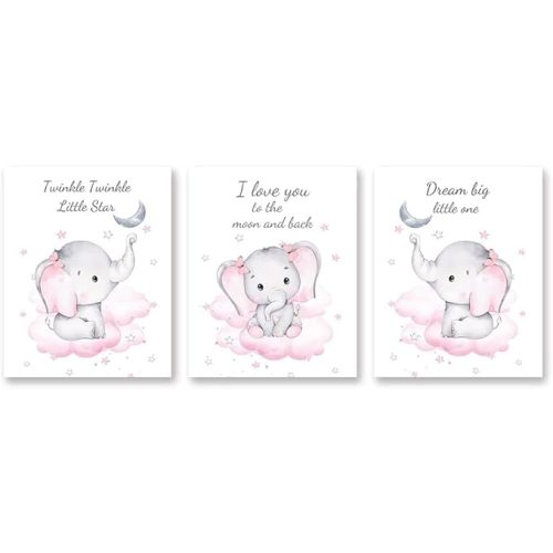 Watercolor Elephant Quote Art Print,Elephant Nursery Canvas Wall Art,Pink Animals Nursery Wall Decor,Wall Decoration of Kindergarten Girls' Bedroom(8”X10”X3 pcs, Unframed)