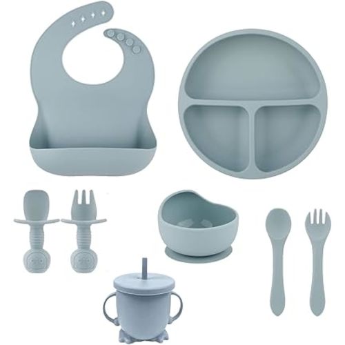 Silicone Baby Feeding Set,BPA Free Silicone Toddler Flatware Set,Baby Led Weaning Supplies Includes Baby Divided Suction Plate,Suction Bowls,Adjustable Bib,Cup with Straw,2 Spoons,2 Forks（Dust Blue