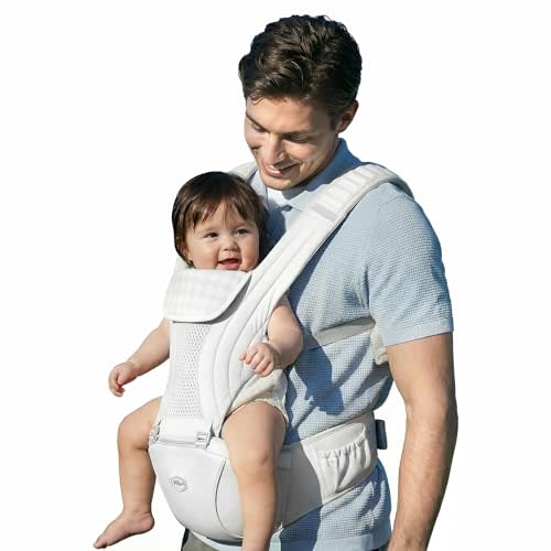 HBR Baby Carrier with Hip Seat, Non-Slip Seat, Air-Padded Shoulder Straps for Less Pressure, 6-in-1 Ergonomic Baby Carrier, Front-Facing, Hands-Free, Up to 45 lbs, 47 in, AirMesh Silver Mist White