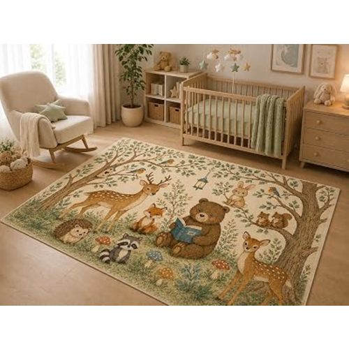 ICE ARMOR 5' x 7' Woodland Forest Friends Area Rug, Soft Low Pile Indoor Rug with Non-Slip Silicone Backing, Storybook Nursery Carpet for Kids Room, Playroom, Kids and Pets, Beige Green