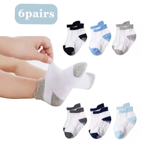 6 Pairs Non-Slip Baby Boy Socks, Ankle Socks with Non Skid Grip for 0-12 Months Baby Boys Girls Infants Toddlers