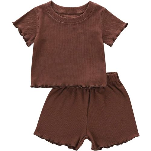 Toddler Baby Girl Summer Clothes Ribbed Knit Cotton Cute Summer Outfits Short Sleeves 2 Pieces Shorts Set 12M - 5T