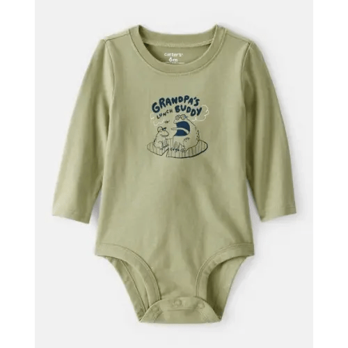 Baby Boy Grandpa's Lunch Buddy Frog Cotton Long-Sleeve Graphic Bodysuit - Green | Carter's