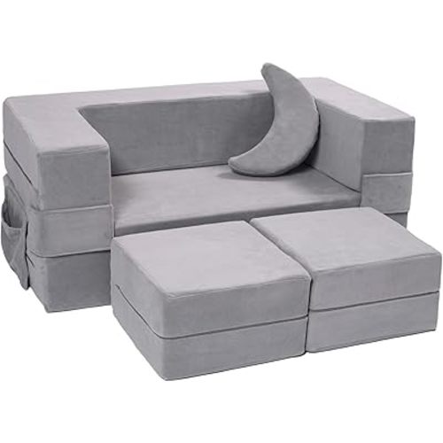 Modular Kids Sofa,Toddler Couch Foam Armchair for Kids, Children Convertible Plush Sofa Play Set,Fold Out SofaBed(Grey)