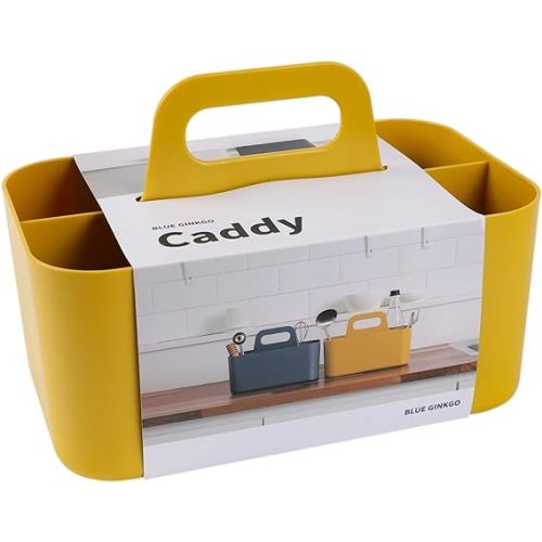 Yellow GINKGO Stackable Organizer Caddy – Korean-Made Portable Tote for Bathroom, Office, Crafts, or School Supplies (Rectangle, Yellow)