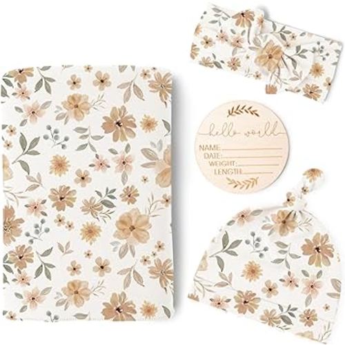 Konssy Baby Girl Newborn Receiving Blanket with Matching Headband and Beanie Set Baby Swaddle Nursery Swaddle Wrap