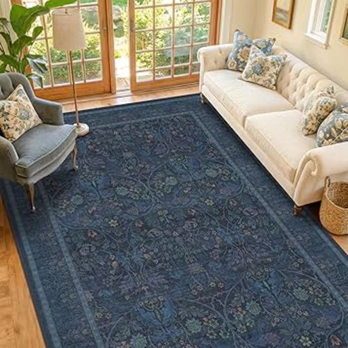 Washable Dark Blue 5x7 Living Room Area Rug - Small Dining Room Rugs for Under Table, Non Skid & Low Pile Bedroom Carpet, Thin Nature Botanical Pattern Mats (Navy Blue)