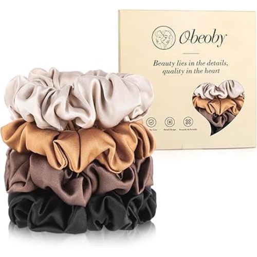 4 Pack Mulberry Silk Scrunchies, Brown Silk Hair Ties for Hair Sleep No Damag Satin Scrunchies Gifts for Mom Wife