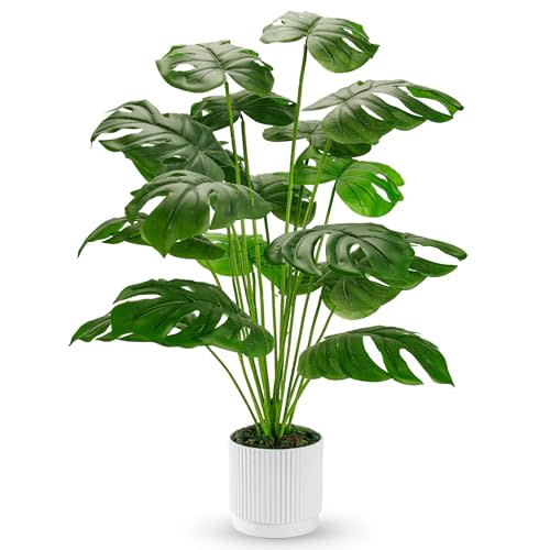 Der Rose 28" Fake Plants, Artificial Monstera Plants Indoor in White Pot | Faux outdoor plants add bright, clean tropical greenery to modern home office, bedroom, entryway, front porch and house decor