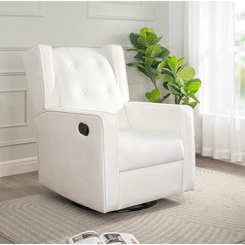 Relieve Muscle Aches with Nursery Glider, Upholstered Rocker Recliner Rocking Breastfeeding Maternity Chair with 360° Swivel, Soft Cushions for Nursing and Bonding, Reclining Chair - Bright White