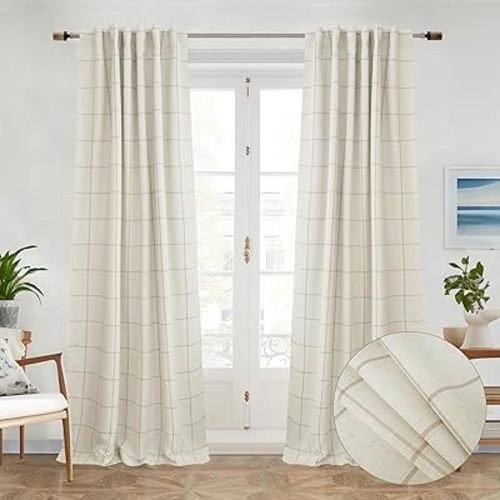 DriftAway 2 Panels 100% Blackout Windowpane Plaid Linen Curtains Double Layer Drapes for Bedroom 90 Inches Long Farmhouse Thermal Insulated 3.25 Inch Rod Pocket Back Tab for Living Room Taupe