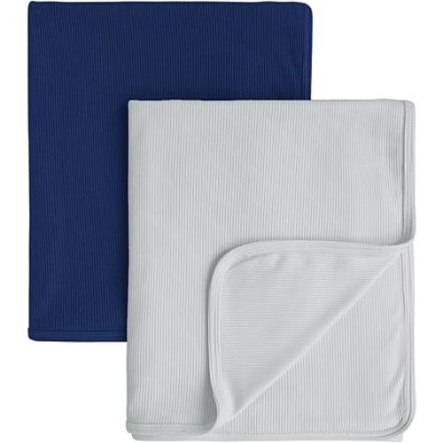 Konssy Knit Baby Blanket 2 Pack, Soft Ribbed Swaddle Receiving Blankets for Boys & Girls, Lightweight Cozy Swaddling Wrap for Newborns, Infants, & Toddlers, 33x42 Inch (Navy, Blue Gray)