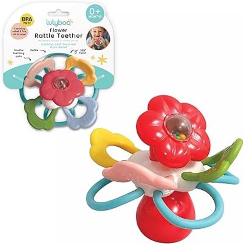 Lulyboo Flower Rattle Teether: BPA-Free Silicone with Textured Petals, Built-in Rattle Beads and 360° Twist. Soft, Flexible Design soothes Gums While Supporting Sensory and Motor Skill Development