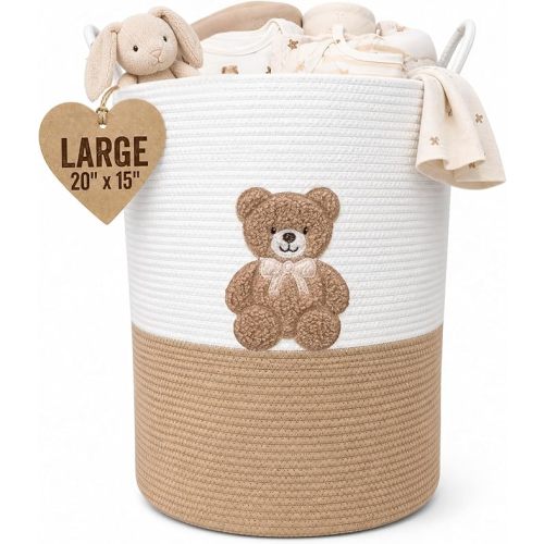 Teddy Bear Large Laundry Hamper for Nursery – 20"x15" Cotton Rope Woven Basket with Handles – Baby Clothes Hamper, Blanket Storage, Stuffed Animal Organizer – Gender Neutral Nursery Decor