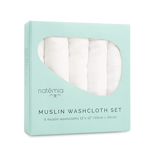 Natemia Muslin Baby Washcloths for Newborn - Premium Wash Cloths for Babies, Super Absorbent and Ultra Soft Rayon Made from Bamboo, 6 Layer Baby Girl and Baby Boy Washcloths, 5 Piece Set