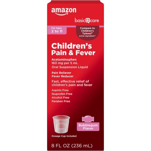 Amazon Basic Care Children's Pain and Fever Oral Suspension Liquid, Acetaminophen 160 mg per 5 mL, Bubblegum Flavor, 8 fl oz