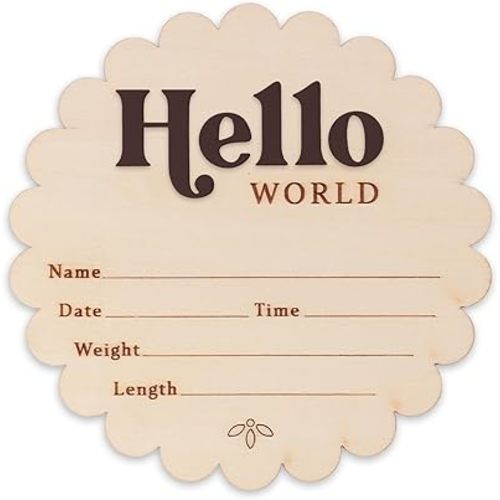 Hello World Wooden Baby Birth Announcement Sign, Scalloped Edge, Name Date Time Weight Length Fields (Burgundy)
