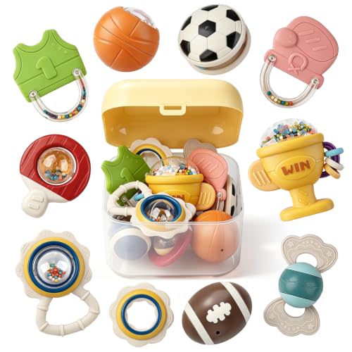 Joyreal Baby Toys 0-6 Months, 10PCS Baby Rattles Teething Toys 3-6 Months | Sensory Toys, Easy Grip, Soft Textures, Gentle Sounds, Easy Clean, Teething Relief, Sports Theme Newborn Gift
