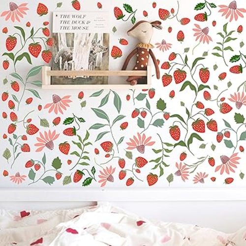 Berry Fruit Wall Stickers Strawberry Wall Decals Floral Leaf Fruits Leaves Stickers Cute Strawberries Wall Sticker Removable Berries Wall Decals for Nursery Girls Room Bedroom Decor